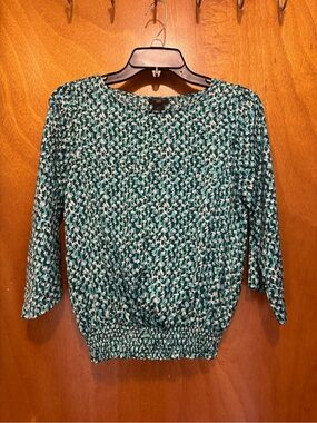 Ann Taylor Teal and White Patterned Blouse with Smocked Hem